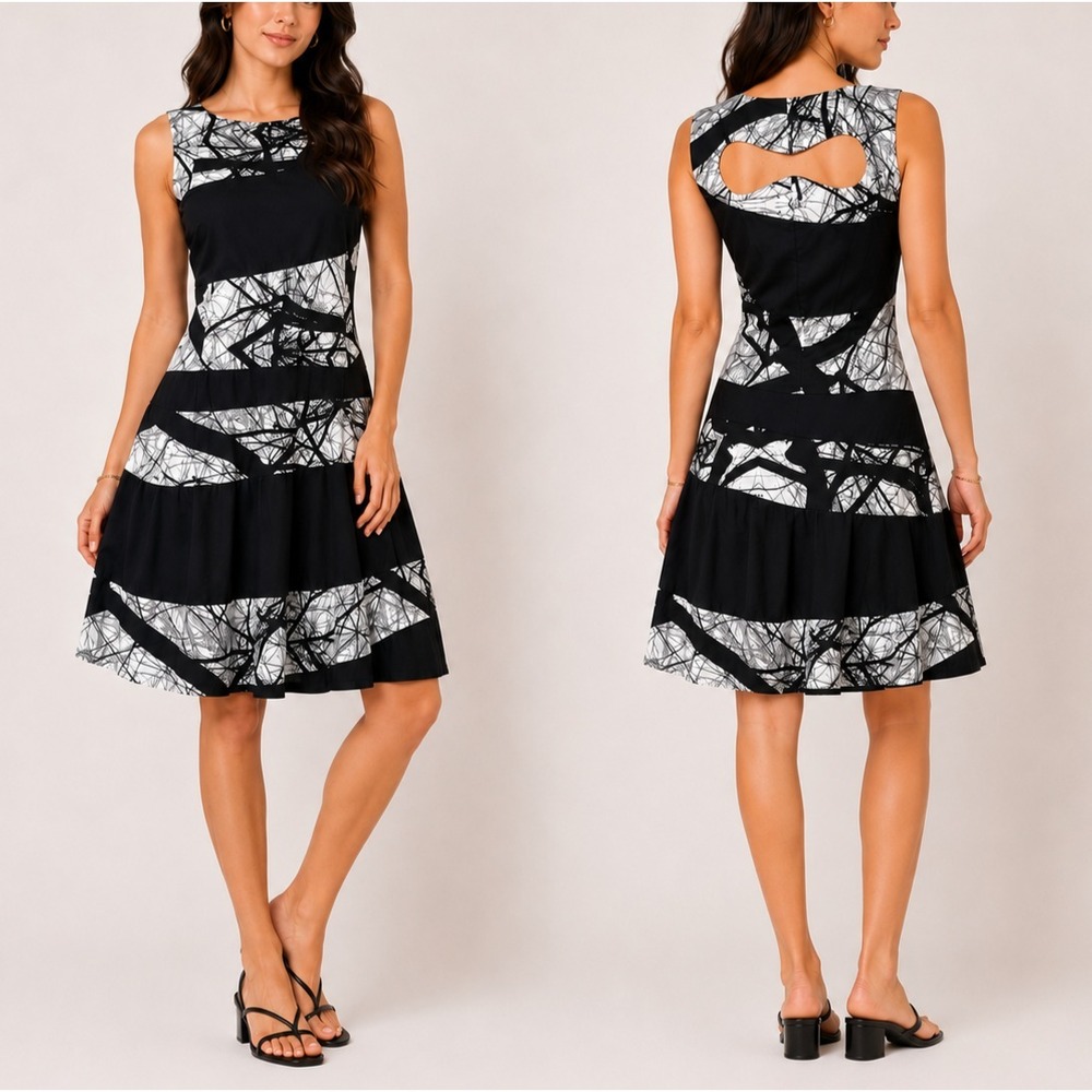 Skunkfunk Karine Dress Womens US M Black Geometric Abstract Fit & Flare Cutout